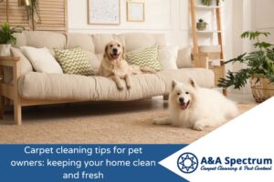 A Golden Retriever and a fluffy white Samoyed dog rest comfortably in a bright, modern living room on a beige rug and sofa.